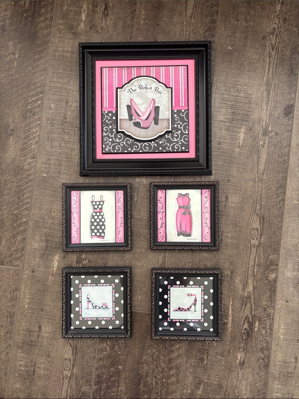 5 piece SET Wall Art Set of Pink and Black Fashion Prints Kathy Middlebrook